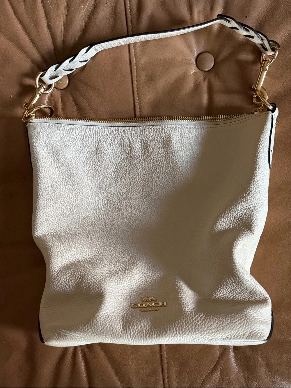 Coach Cream Pebbled Leather Shoulder Bag with Braided Strap